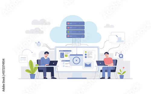 Cloud Computing Engineers: Two People Working on a Cloud Server System with Laptop