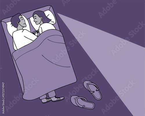 Couple asleep in bed under the covers with sandals beside with light