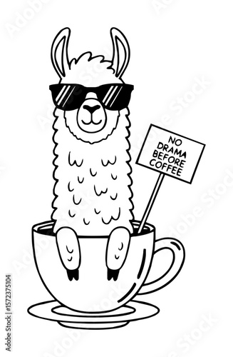 funny llama in coffee cup with no drama before coffee quote
