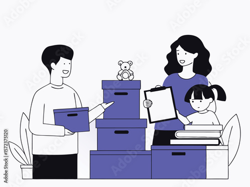 Family moving home packing boxes with child and teddy bear illustration