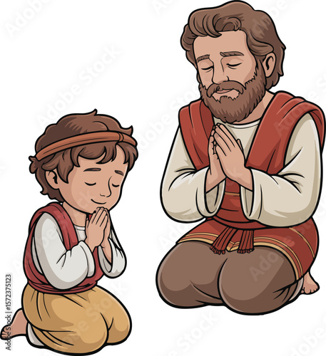 Father and son kneeling in prayer transparent isolated png vector