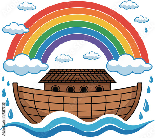 Noah's ark on the water with a colorful rainbow above transparent isolated png vector
