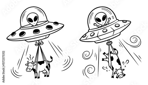 funny ufo abduction of cows by aliens illustration