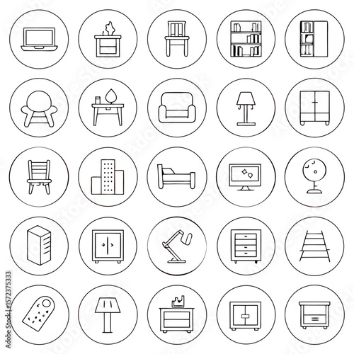 Collection of furniture icons including chairs beds tables lamps and storage units arranged in a grid pattern