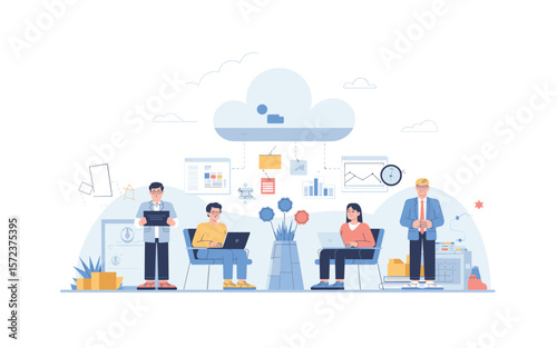 Cloud Computing Team Collaboration: People Working with Data Visualization, Dashboards, and Cloud Services