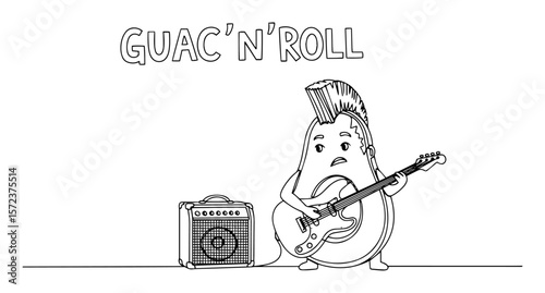 guac'n'roll avocado playing guitar in rock and roll black and white cartoon illustration