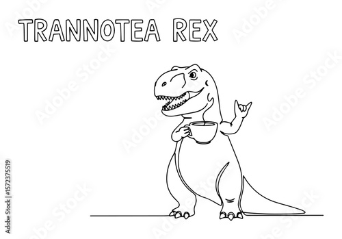 trannotea rex drinking tea in humorous black and white dinosaur pun illustration