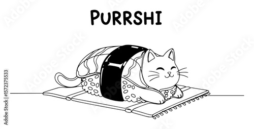 purrshi cat sushi mashup in cute black and white pun illustration