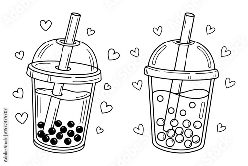 cute bubble tea boba tea cups with hearts line art