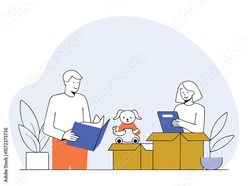 People sorting and packing with moving boxes, toy and documents illustration