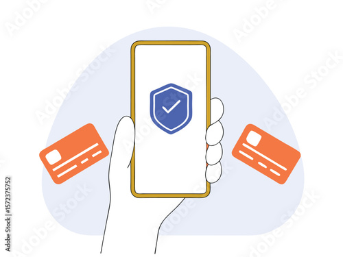 Secure mobile payment illustration featuring smartphone credit cards and data protection