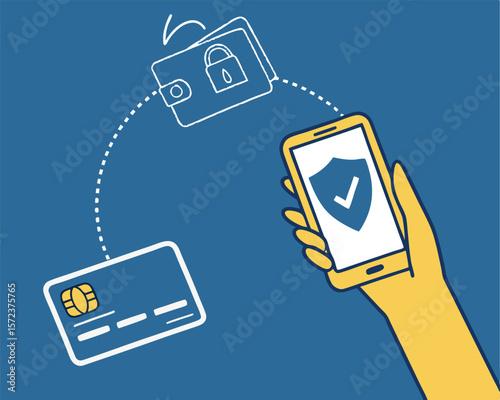 Secure mobile payment illustration with credit card wallet and smartphone technology