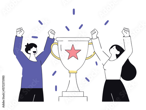 Winners celebrate achieving success and winning trophy with joyful expressions