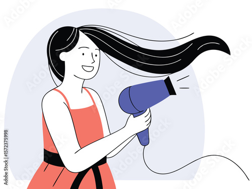 Woman styling hair with a hairdryer in a modern flat vector illustration.