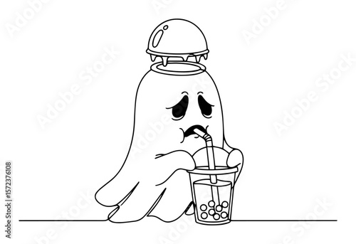 cute sad ghost drinking bubble tea cartoon character vector