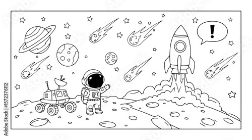 astronaut on moon with rocket coloring page space scene