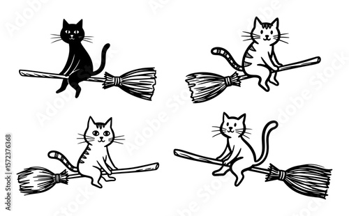 cats on witch brooms halloween doodle set vector illustration