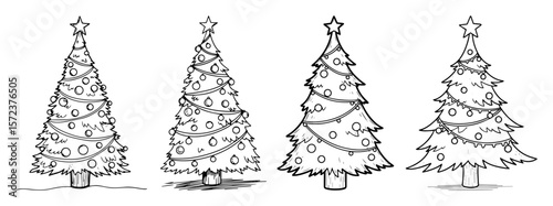 christmas tree set in monochrome decorative hand-drawn sketch style
