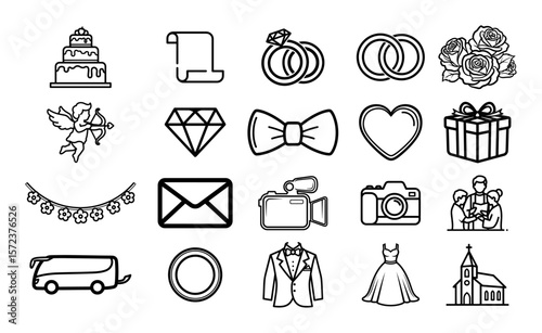 wedding icons set in hand-drawn black and white vector line art style