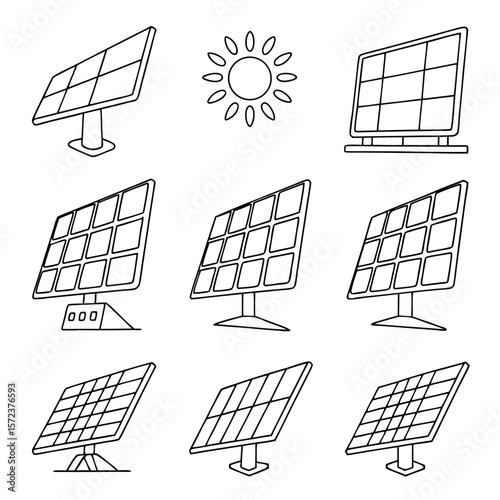 Illustration showing nine solar panels in various designs along with a sun icon on a white background