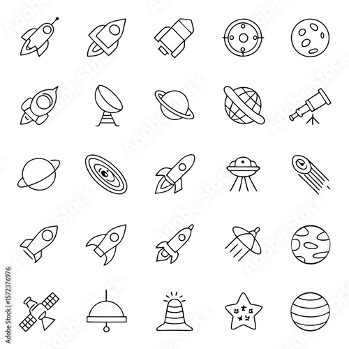 Illustration of various space themed icons including rockets planets and astronomical objects in black outline