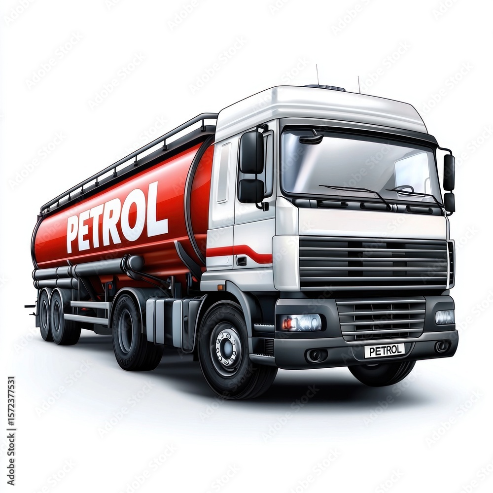 Fototapeta premium Petrol Tanker Truck isolated on white background. Fuel Truck icon. Industrial Vehicle. Oil Tanker Truck. Gasoline Transport Truck. Heavy Fuel Vehicle on white. Petrol Tanker Truck isolated on white.