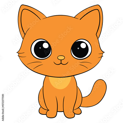 Cute cartoon orange kitten with big eyes sitting and looking forward