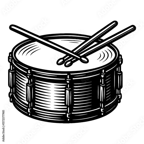 Vintage Style Snare Drum with Crossed Drumsticks Musical Instrument Black and White Outline Line Art Drawing