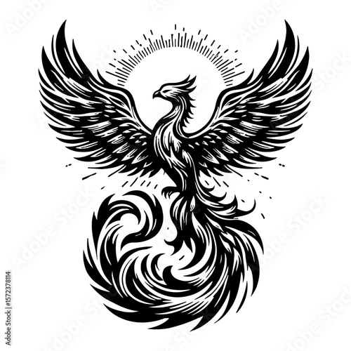 Phoenix Rising Wings Open Black and White Outline Line Art Drawing Vector Illustration