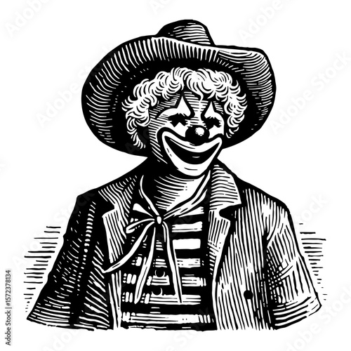 Clown Wearing Hat and Suit Black and White Outline Line Art Drawing Illustration Costume