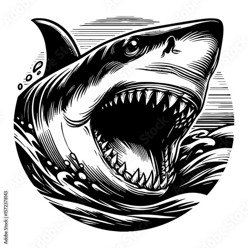 Shark with Open Mouth Black and White Outline Line Art Drawing in Ocean Water Engraving Style