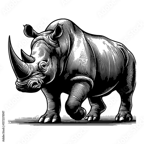 Rhino Standing Full Body Engraving Black and White Outline Line Art Drawing Illustration