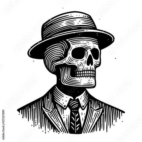 Skull Wearing Hat and Suit Black and White Outline Line Art Drawing in Vintage Engraving Style
