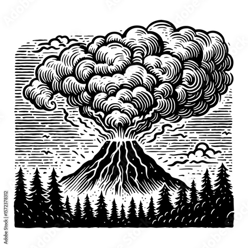 Volcanic Eruption with Massive Smoke Cloud Over Pine Forest Landscape Black and White Outline Line Art Drawing
