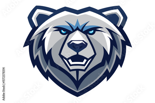 Ferocious grizzly head shows a formidable mascot with bright piercing blue eyes here