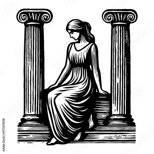 Graceful Woman Seated Between Ancient Greek Style Columns in Detailed Black and White Outline Line Art Drawing