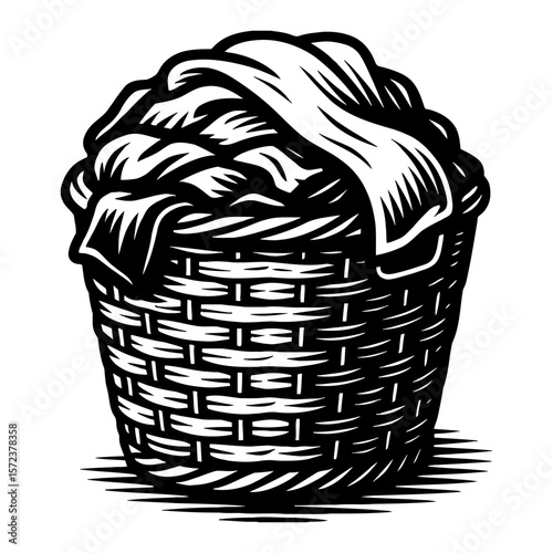 Vintage Retro Laundry Basket Full of Clothes Isolated Black and White Outline Line Art Drawing Illustration