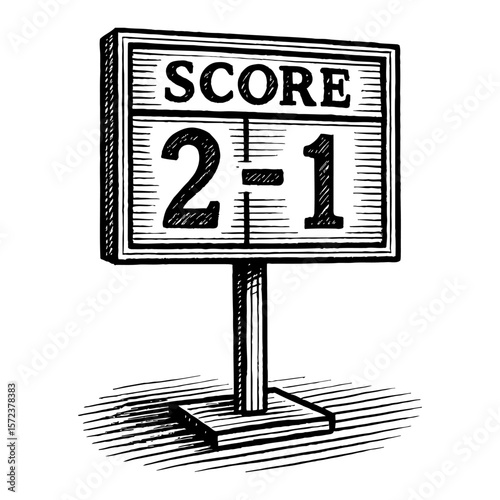 Vintage Style Sports Scoreboard with Two to One Score Black and White Outline Line Art Drawing Isolated