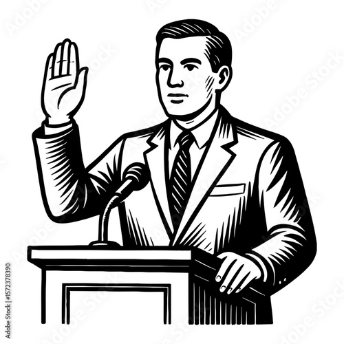 Man Taking Oath at Podium Black and White Outline Line Art Drawing Vintage Style Public Speaking