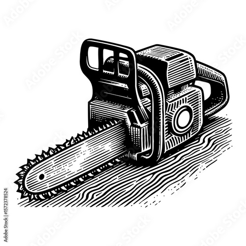 Chainsaw on Wooden Surface Black and White Outline Line Art Drawing Vintage Engraving Style