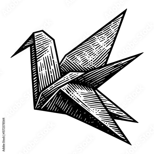 Origami Bird Illustration Black and White Outline Line Art Drawing Paper Craft Etching Design