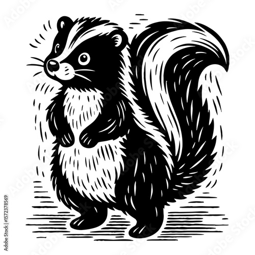 Skunk Standing Upright Black and White Outline Line Art Drawing Woodcut Style Vector Design