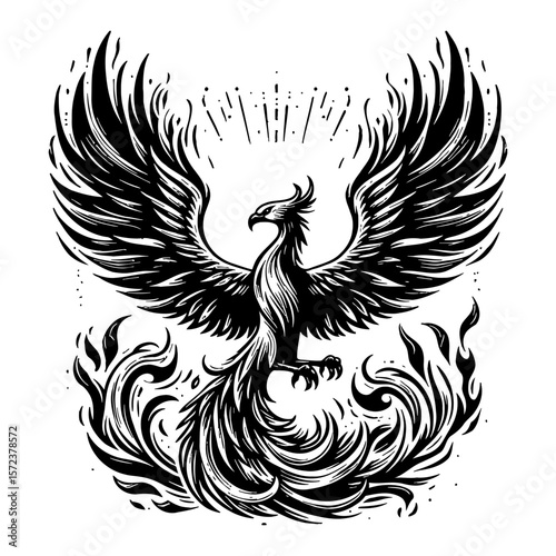 Phoenix Bird Rising with Flames Black and White Outline Line Art Drawing Illustration Logo