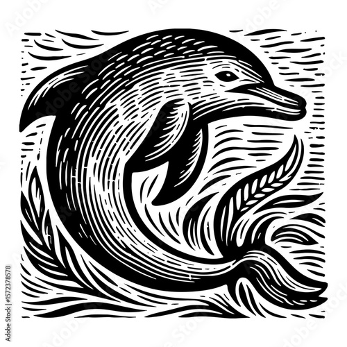 Dolphin Jumping in Water Black and White Outline Line Art Drawing Woodcut Engraving Illustration
