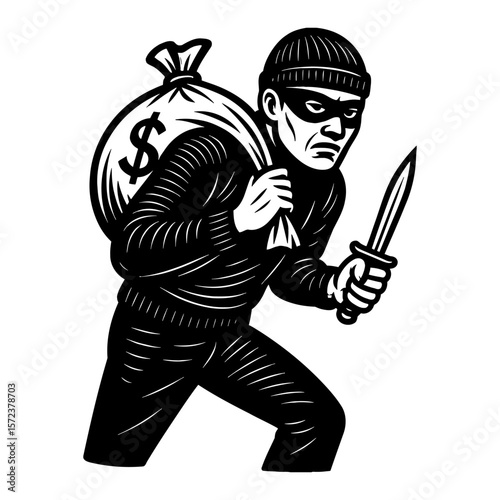 Masked Burglar Thief with Money Bag and Dagger in Vintage Retro Style Black and White Outline Line Art Drawing