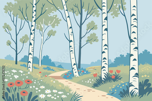 A scenic birch grove in spring, featuring tall white-barked birch trees with black markings, 