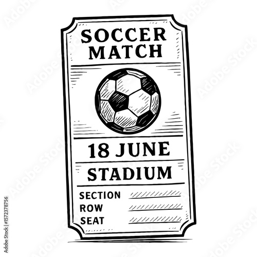 Vintage Soccer Match Ticket Black and White Outline Line Art Drawing Illustration for Sports Event