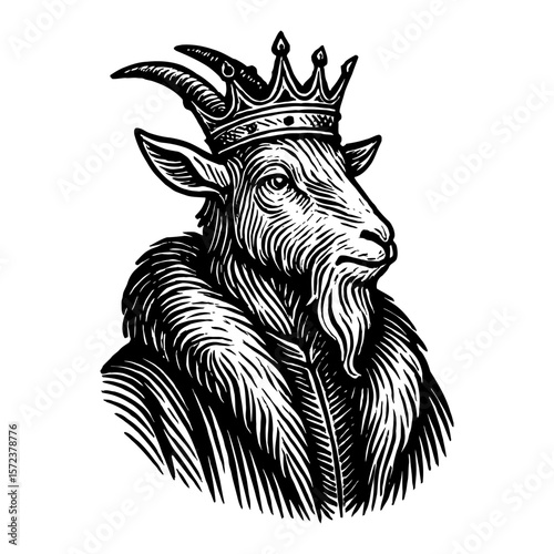 Majestic Goat Wearing a Crown Black and White Outline Line Art Drawing Regal Animal Artwork