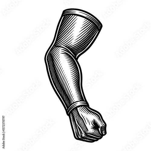 Muscular Human Arm with Clenched Fist Black and White Outline Line Art Drawing Detailed Engraving