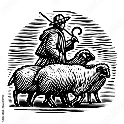 Shepherd Herding Sheep with Staff in Black and White Outline Line Art Drawing
